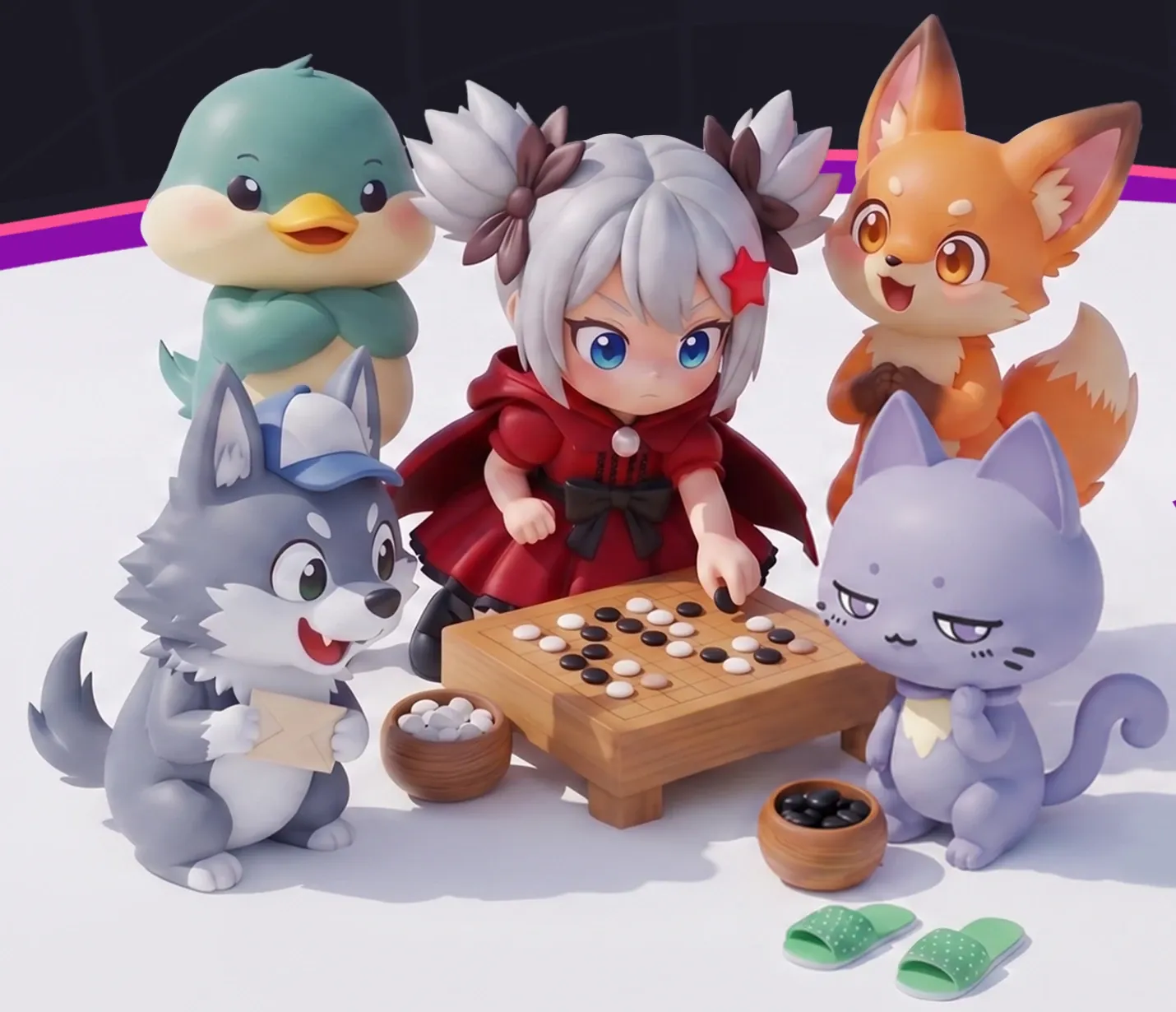 A girl in a red cape playing Go with her animal friends