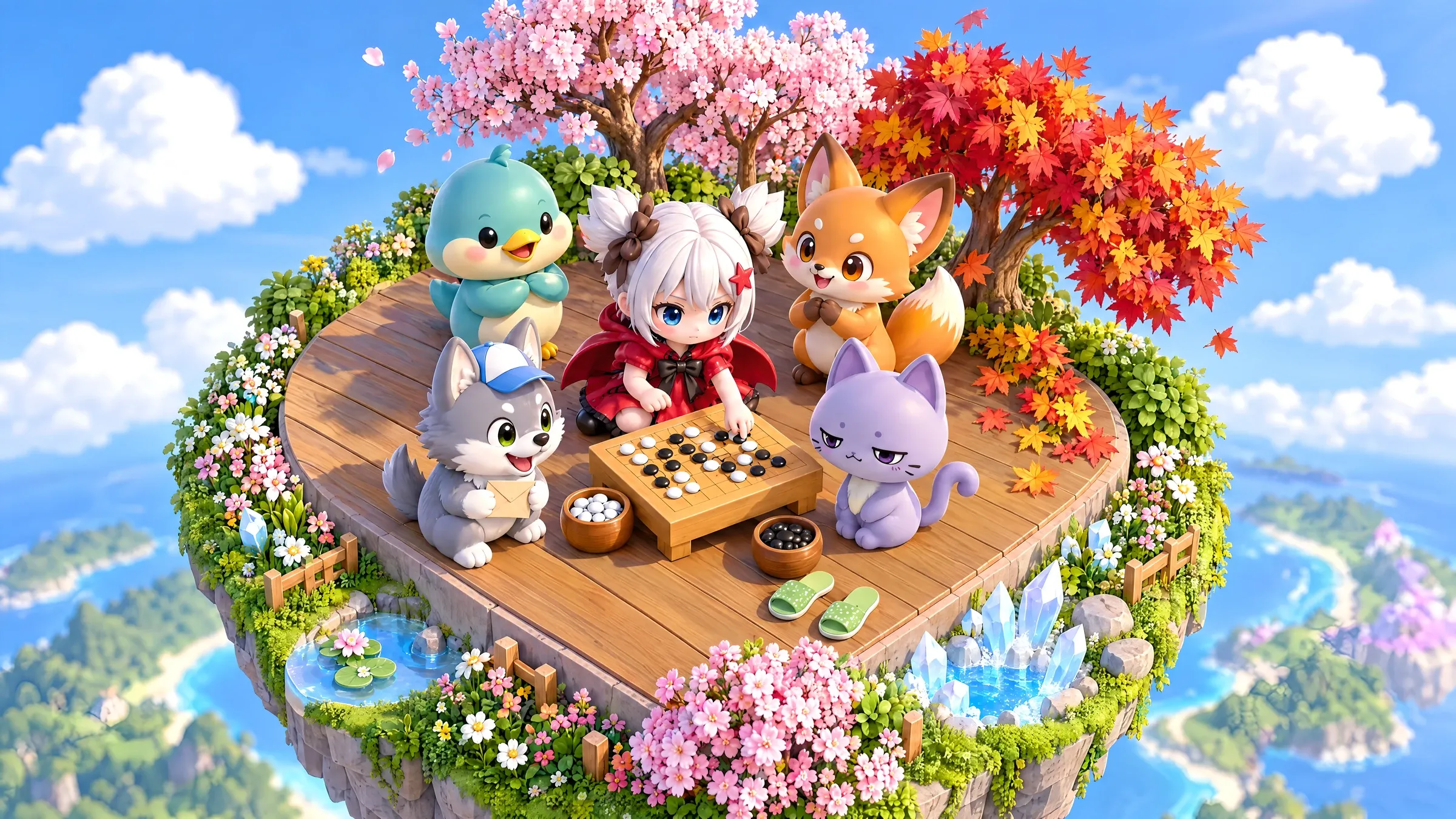 JamsGo characters playing Go on a floating island in the sky