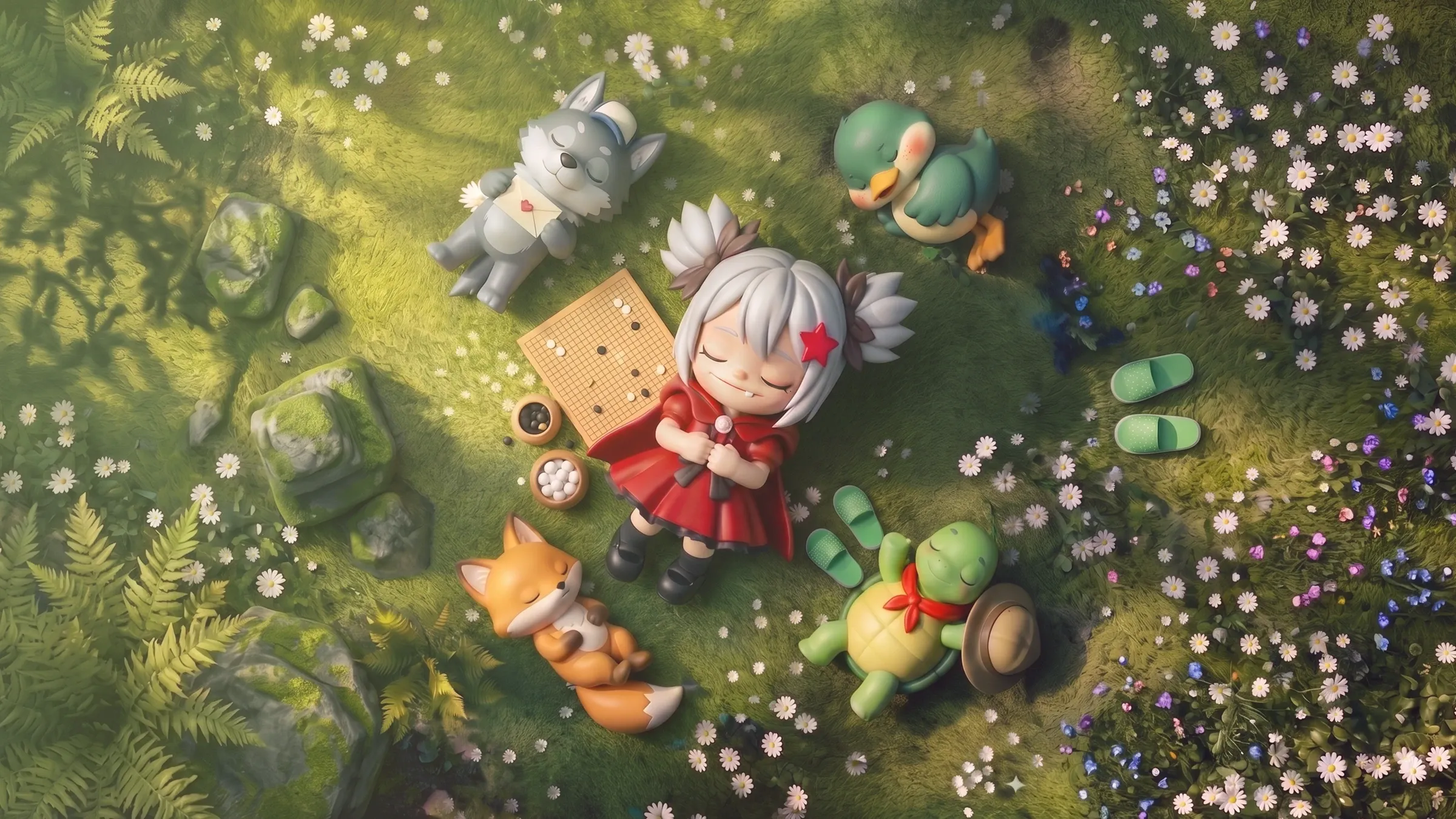 JamsGo characters napping on the grass next to a Go board