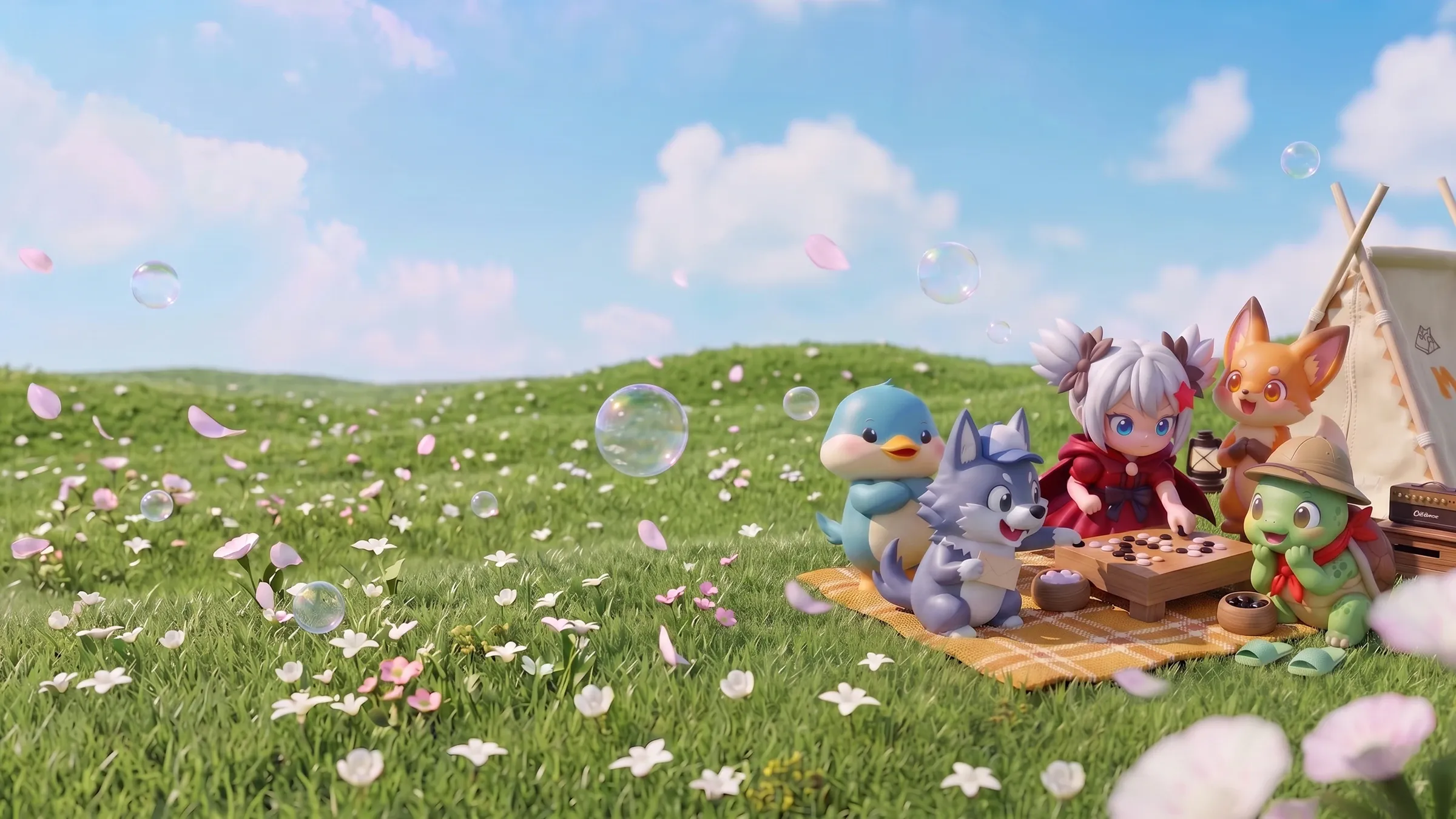 JamsGo characters gathered around a Go board on a picnic mat