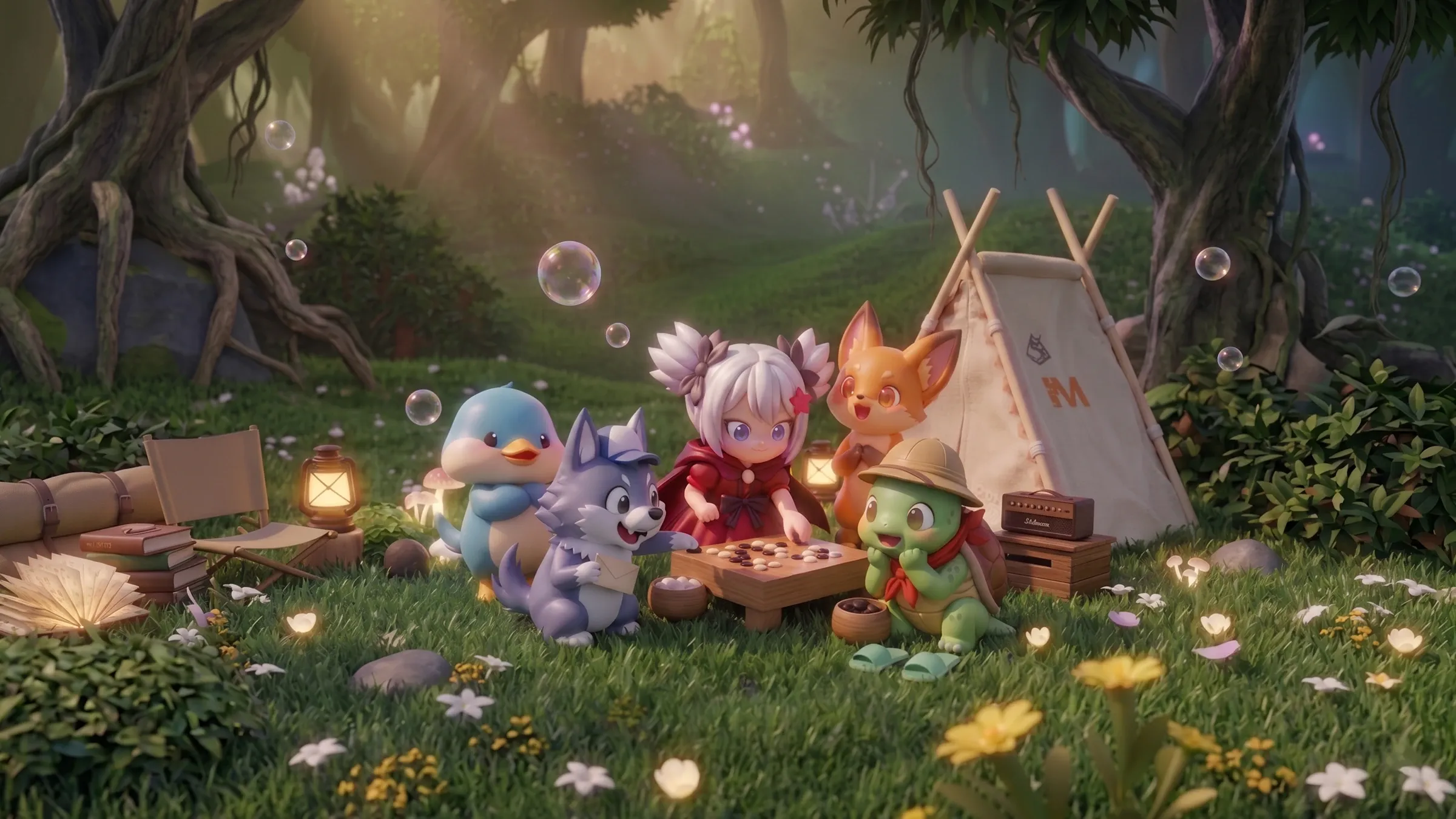 JamsGo characters reading a Go problem in a sunlit forest
