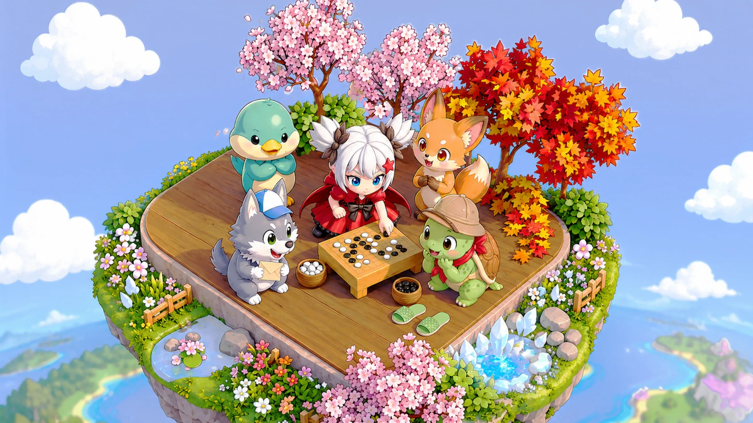 JamsGo characters playing Go on an island with cherry blossoms and autumn leaves